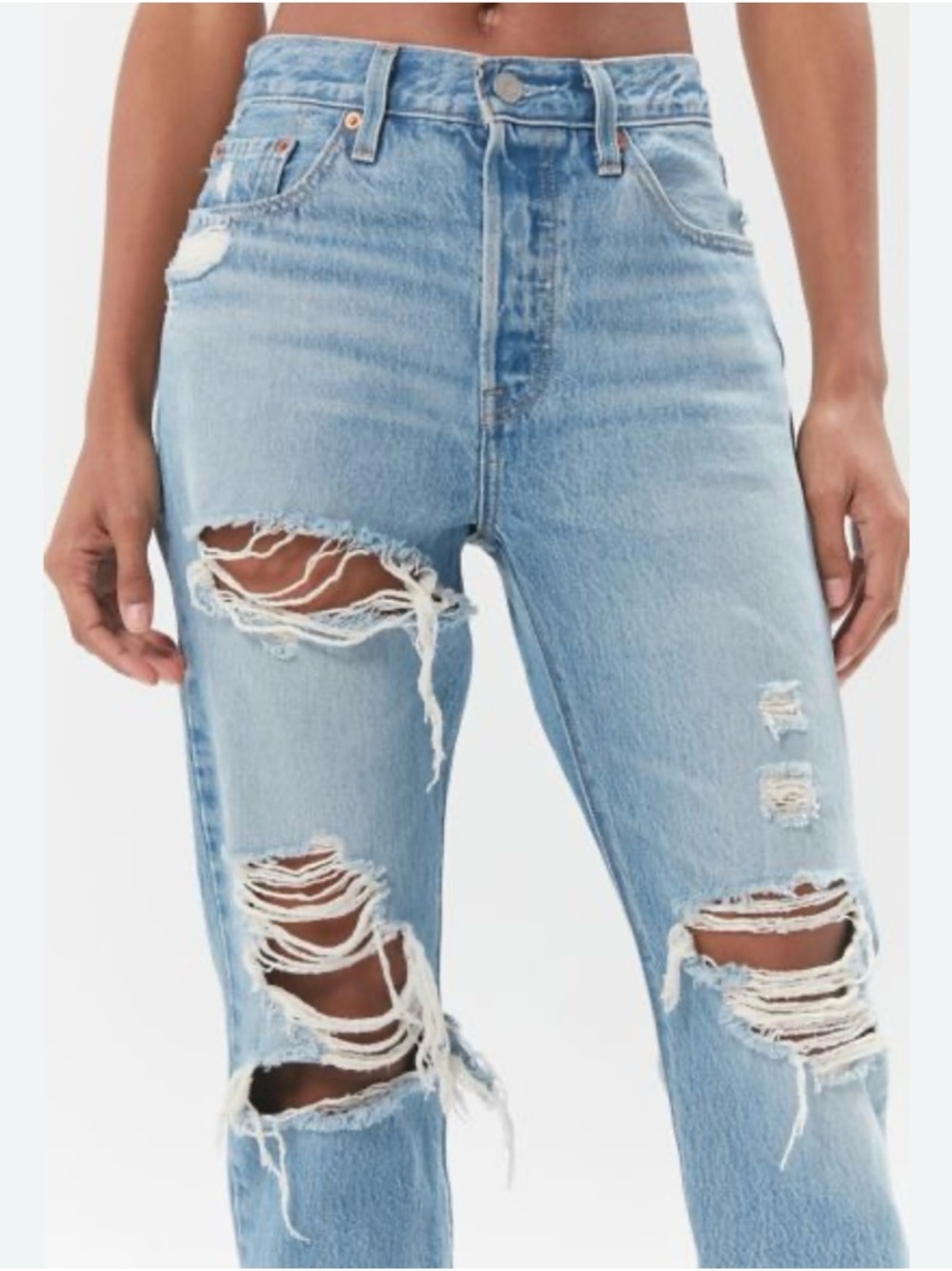 Light Blue Heavily Distressed Levi 501  Cropped Button Down Jeans | 26/28